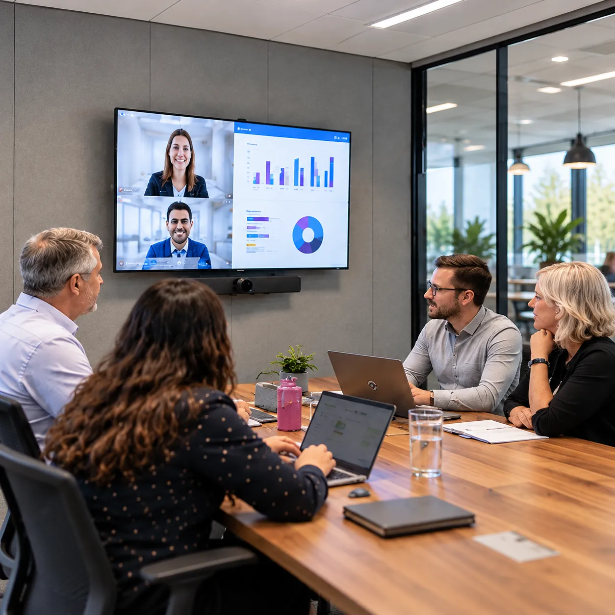 Hybrid meeting with remote colleagues on a wall-mounted screen in a glass-walled office