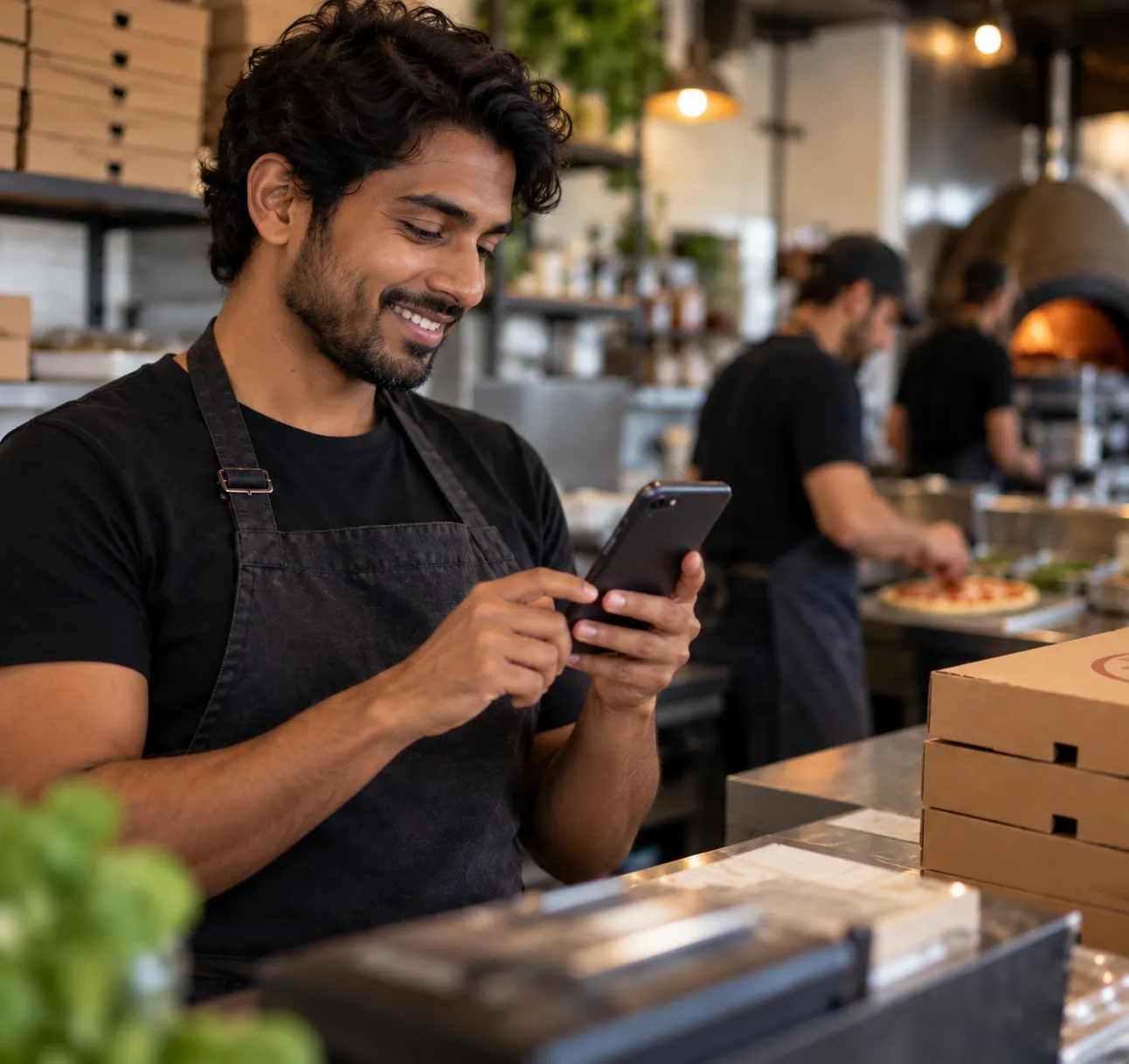 Restaurant worker smiling while checking messages on his phone