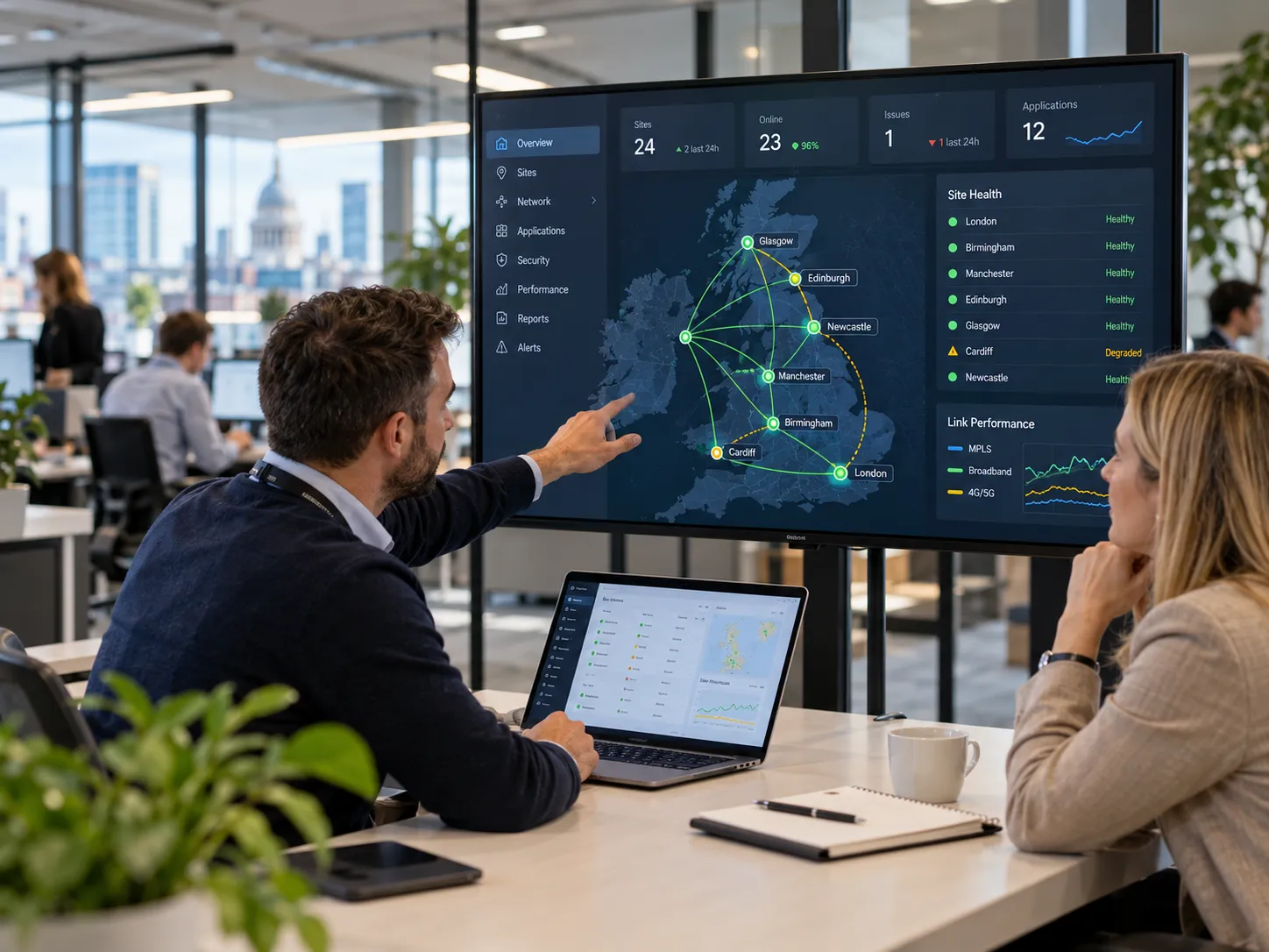 Colleagues reviewing a multi-site UK network dashboard on a large screen