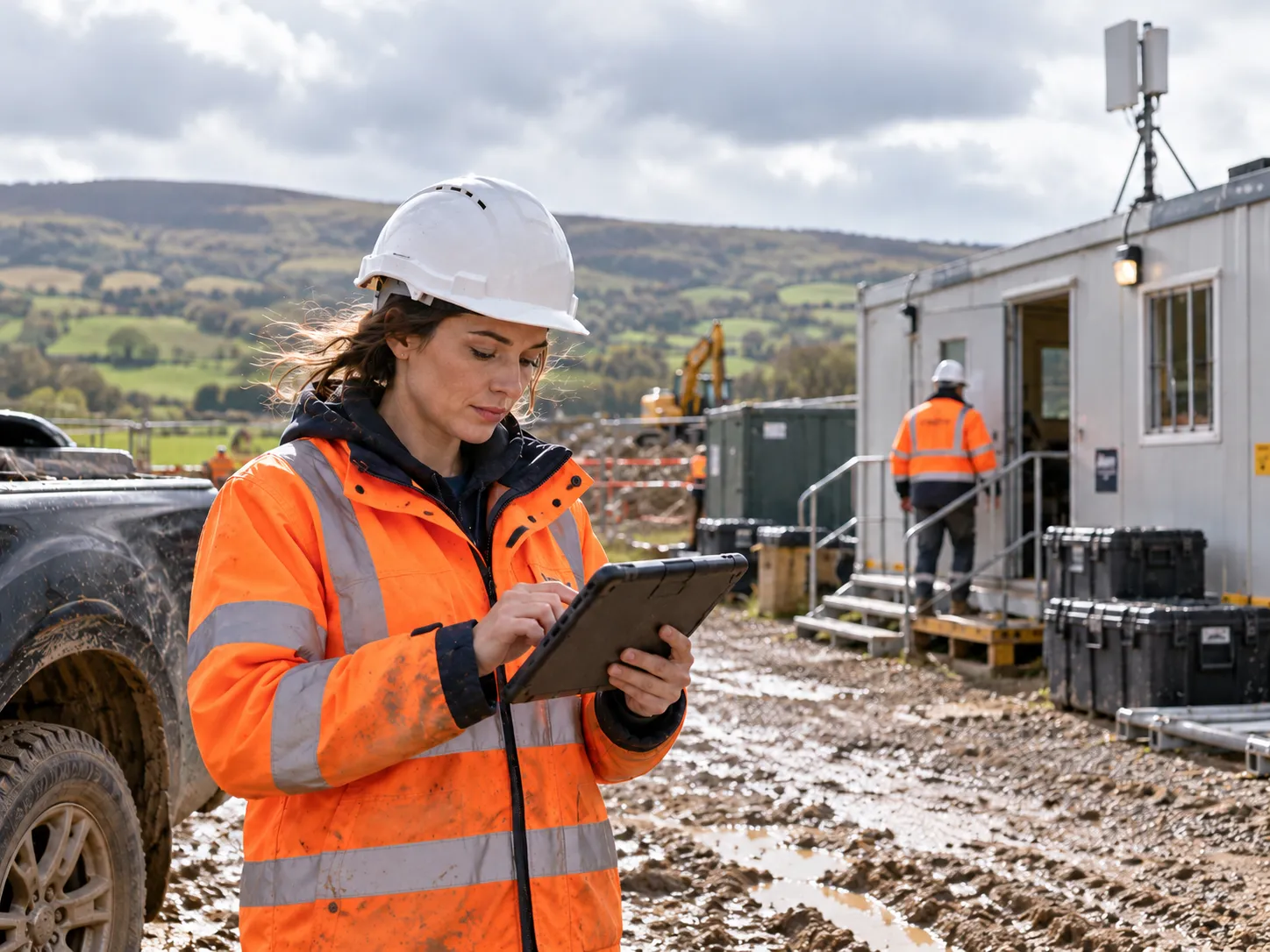 Site worker in hi-vis using a tablet at a remote construction site with a mobile antenna