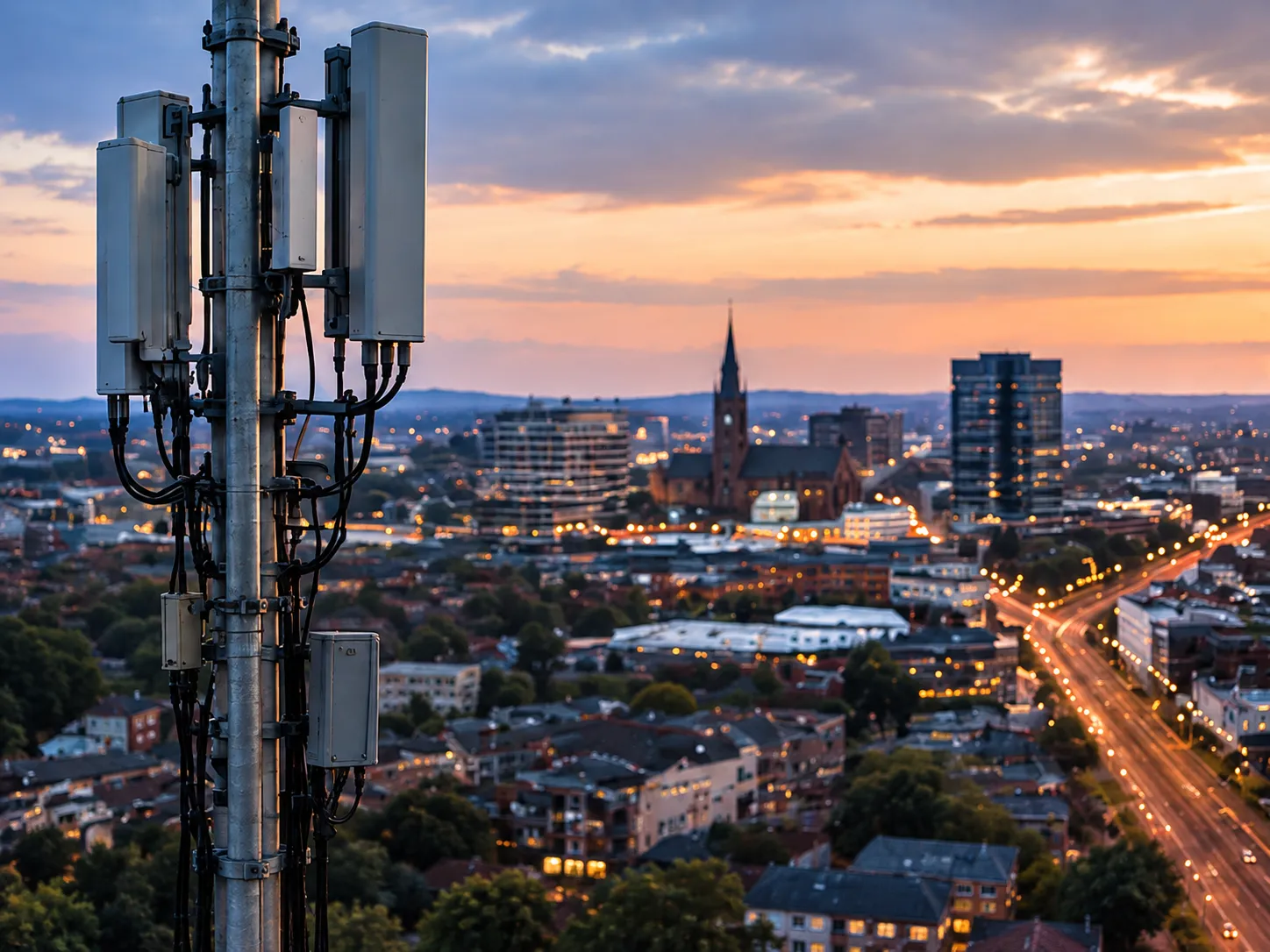 Mobile phone mast with 4G and 5G antennas overlooking a city at dusk