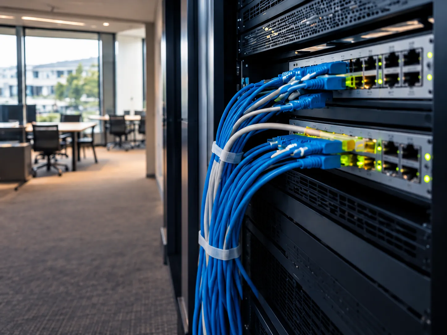 Network switches with blue ethernet cables providing a second fixed connection