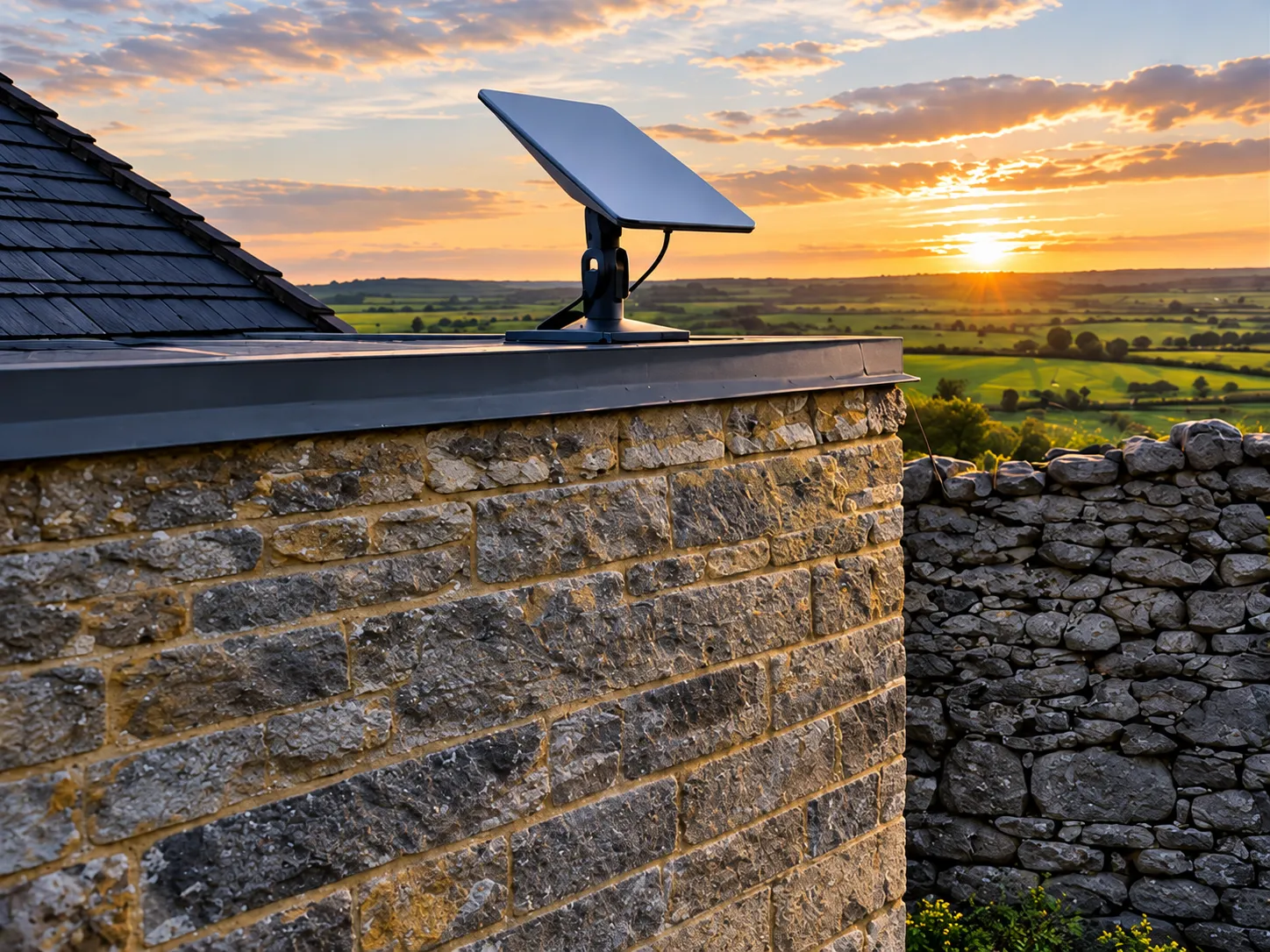 Satellite dish mounted on a stone building in the countryside at sunset