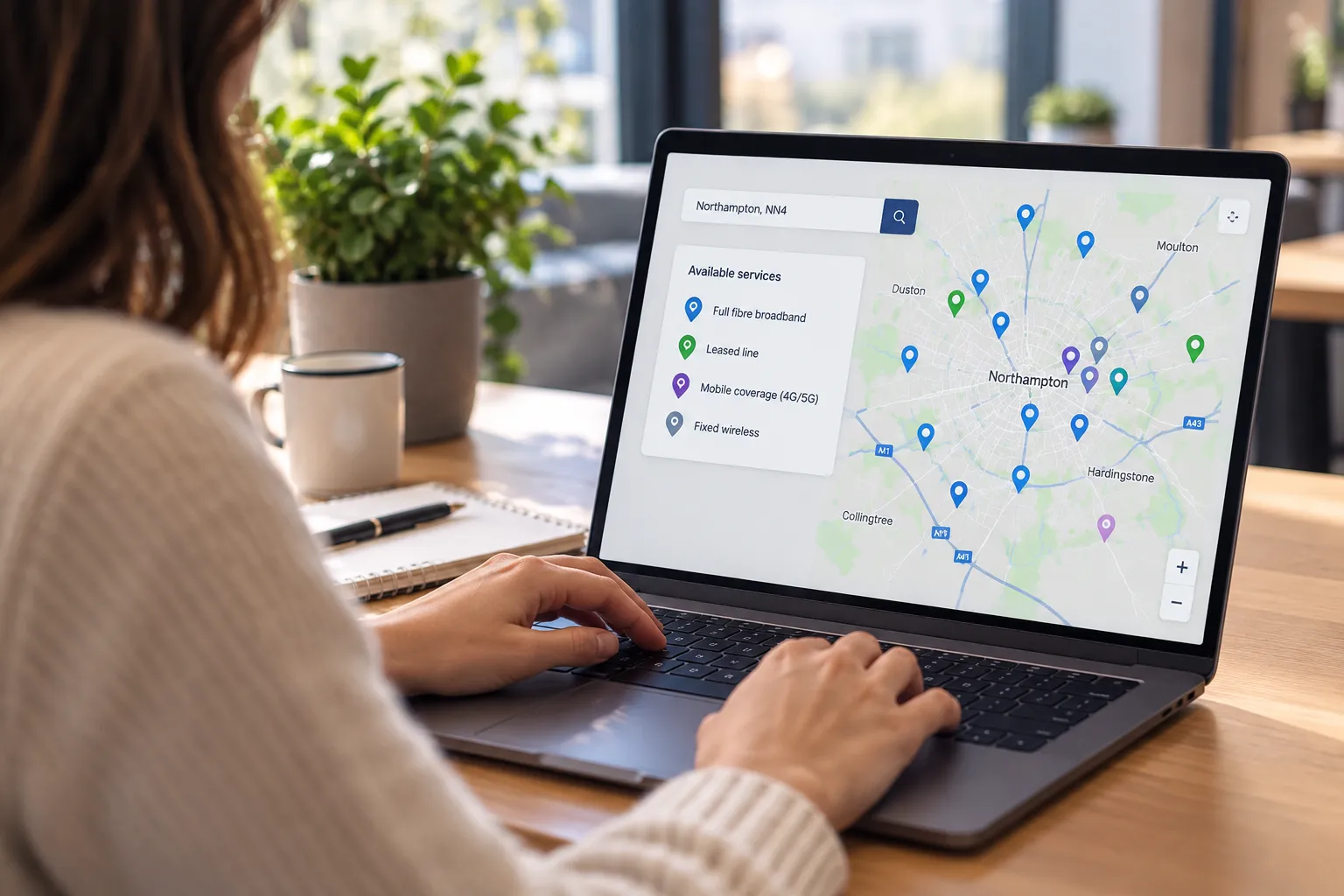 Laptop showing a Northampton broadband and connectivity coverage map