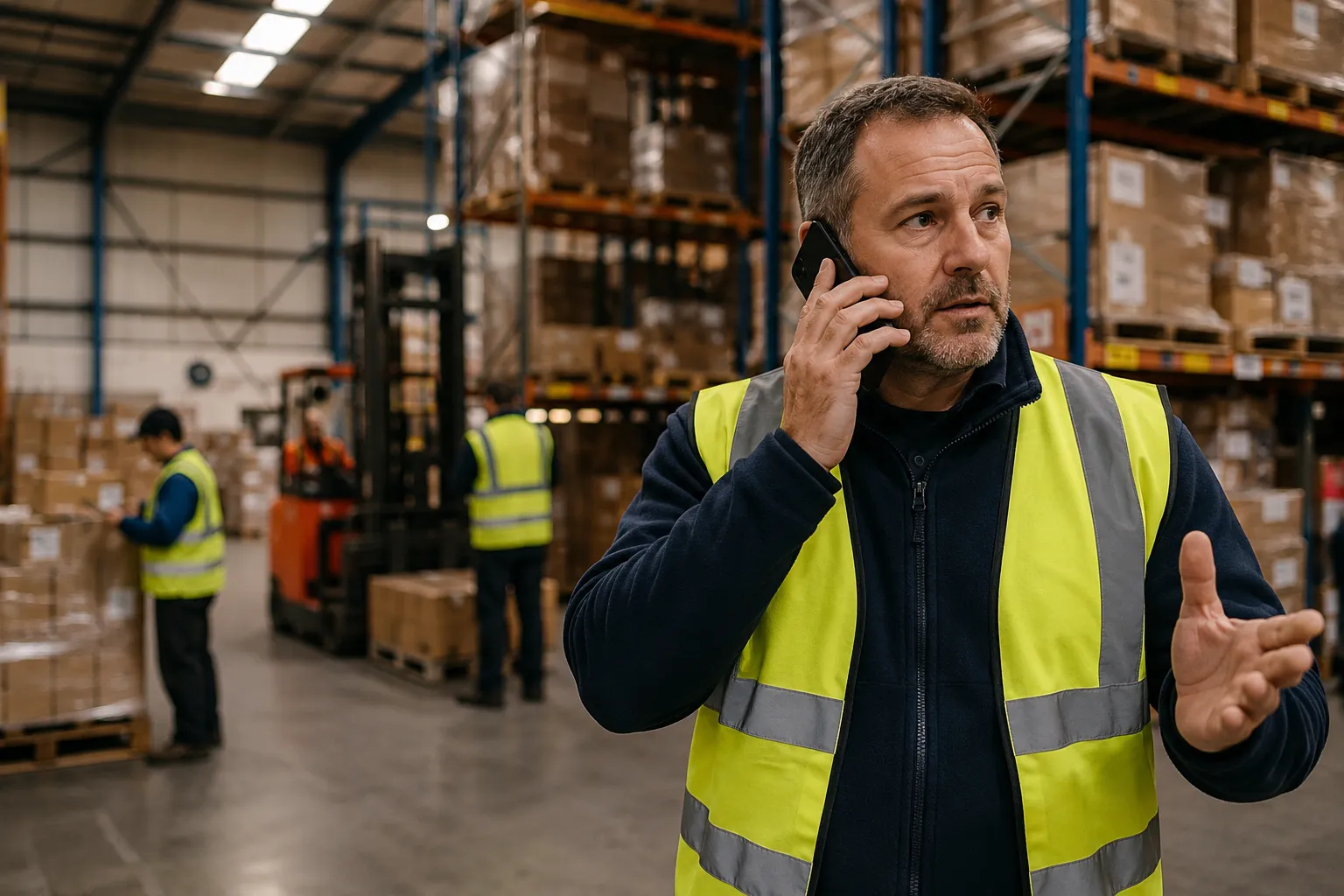 Warehouse manager in a hi-vis jacket on a mobile call