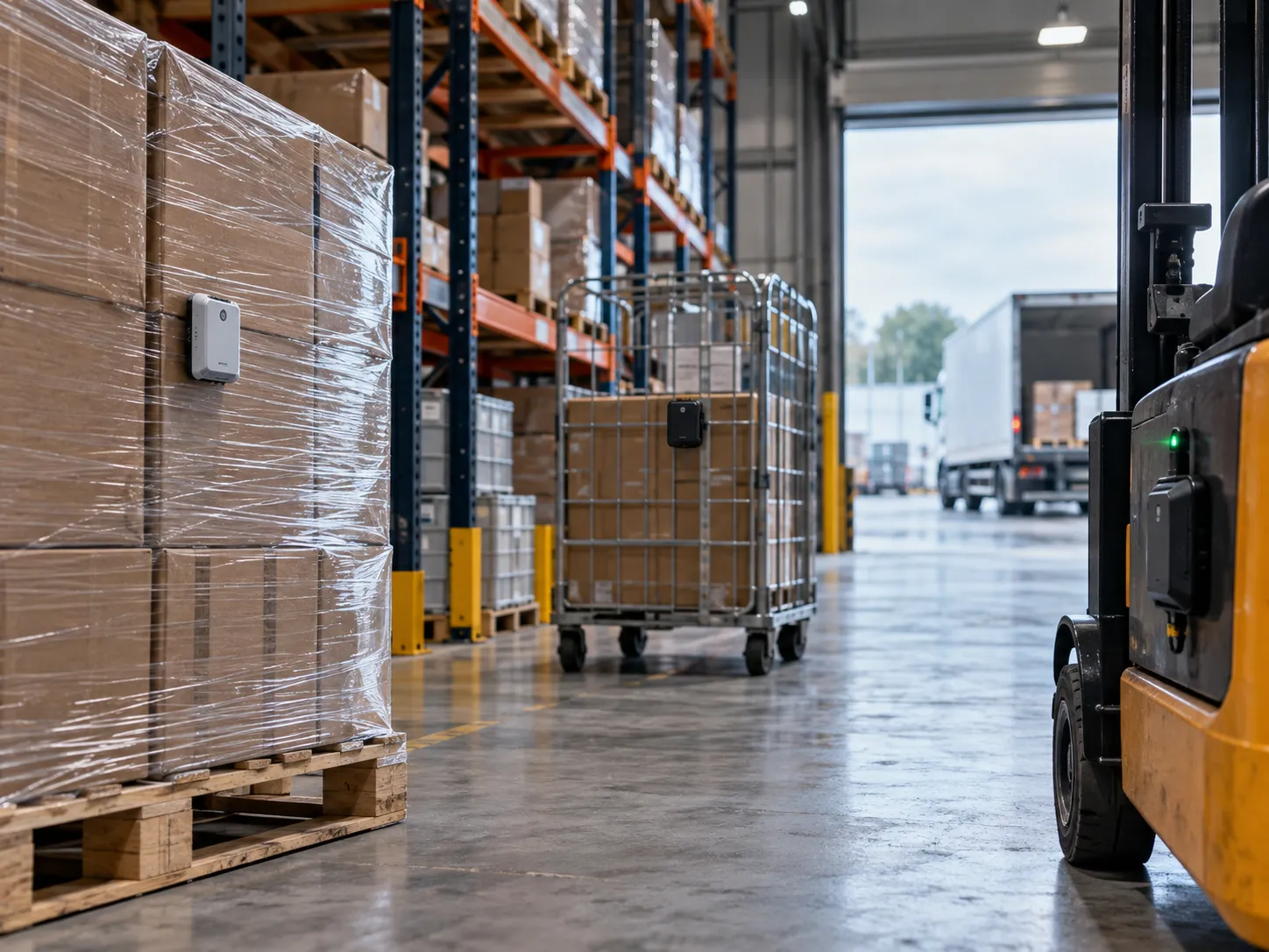 Warehouse with wrapped pallets fitted with IoT tracking sensors and a forklift