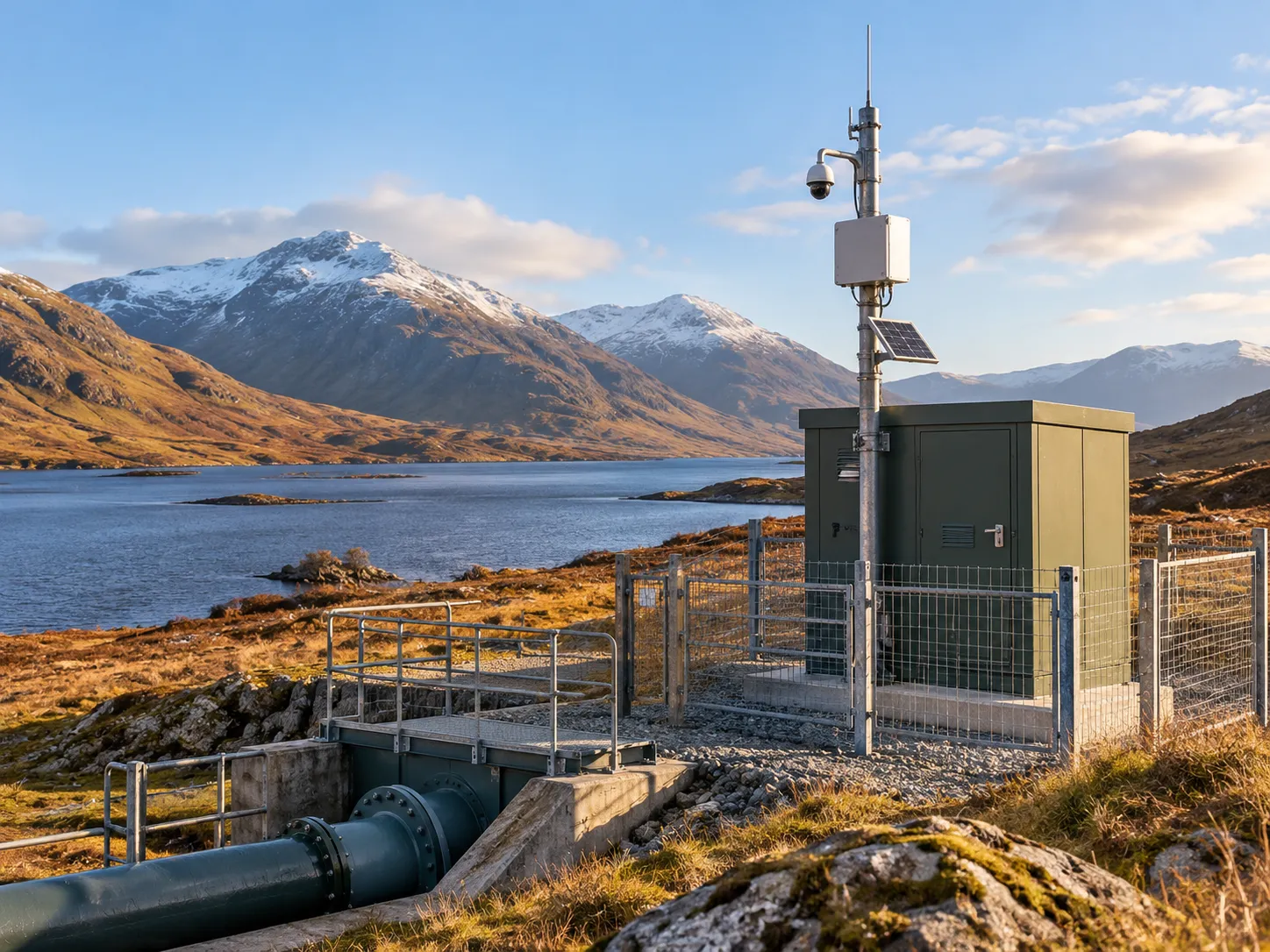 Remote monitoring cabinet with a camera and solar panel beside a Highland loch