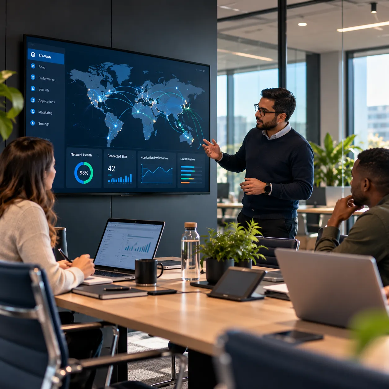 Presenter explaining an SD-WAN network dashboard on a large screen to colleagues