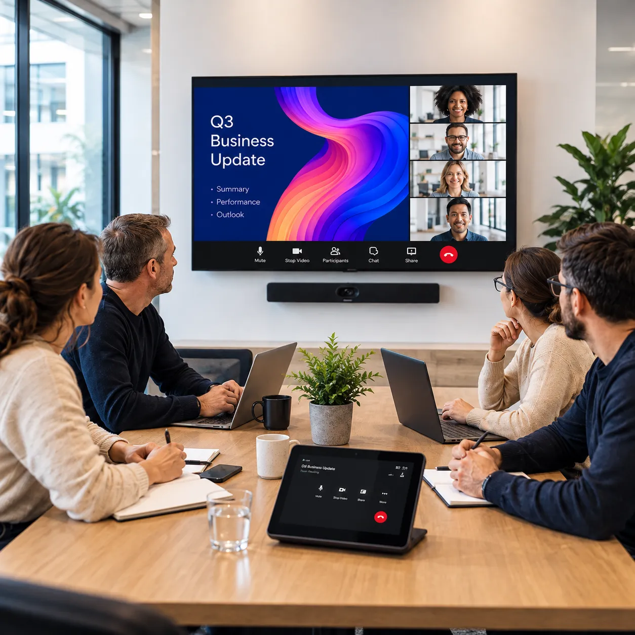 Team on a video call in a meeting room with a wall-mounted display and video bar