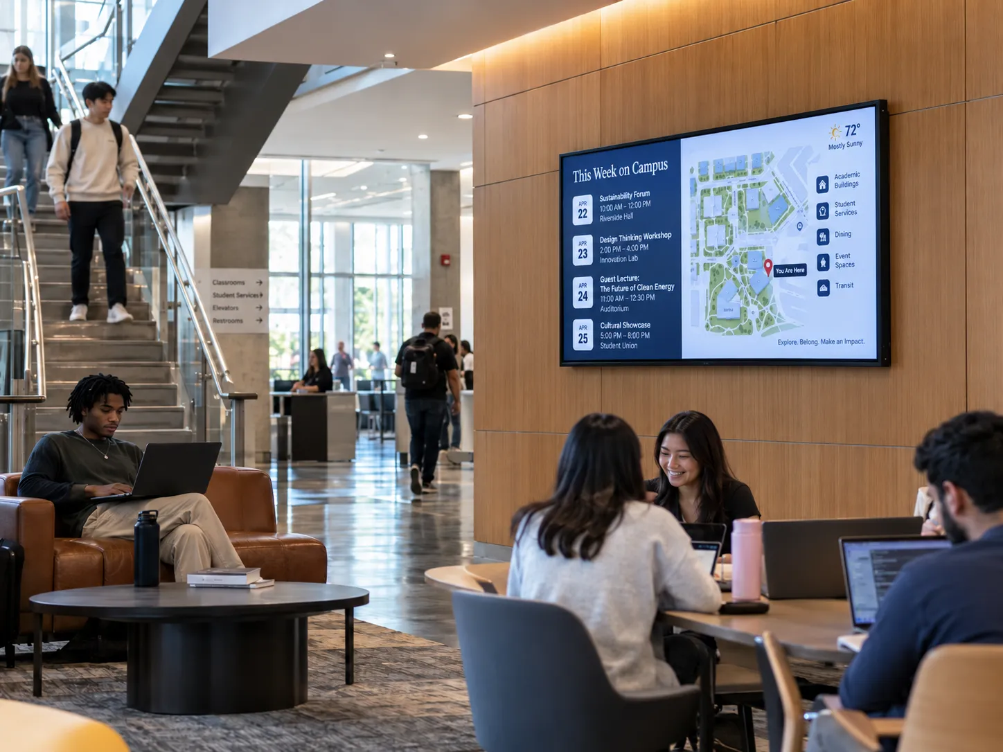 Wall-mounted display showing campus events in a university common area