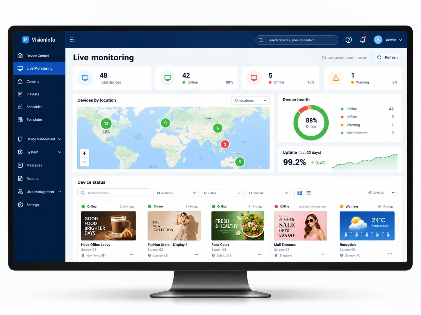 VisionInfo live monitoring dashboard with a map of connected screens