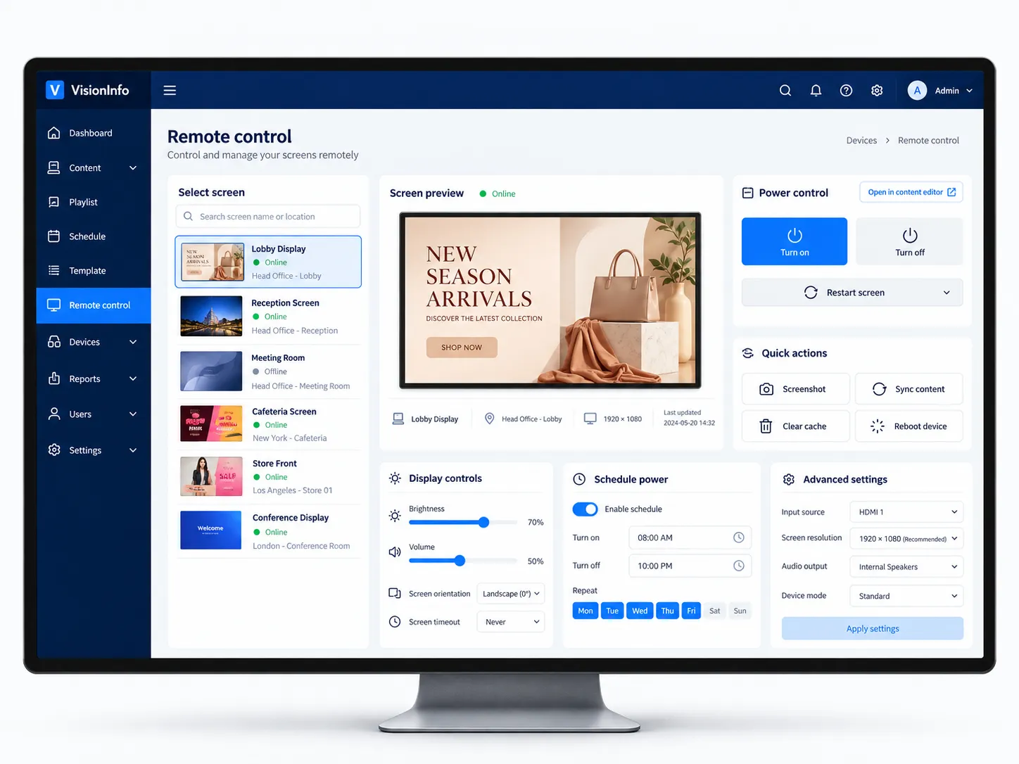 VisionInfo remote control dashboard for managing digital signage screens