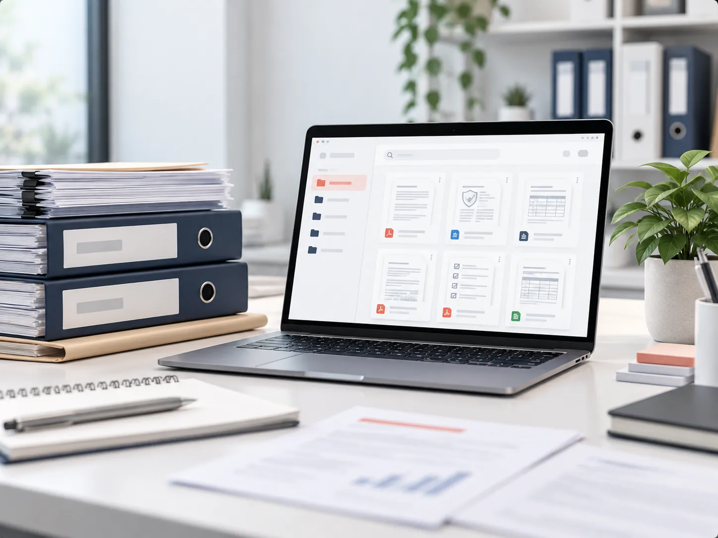 Laptop showing a document library beside stacked folders on a desk