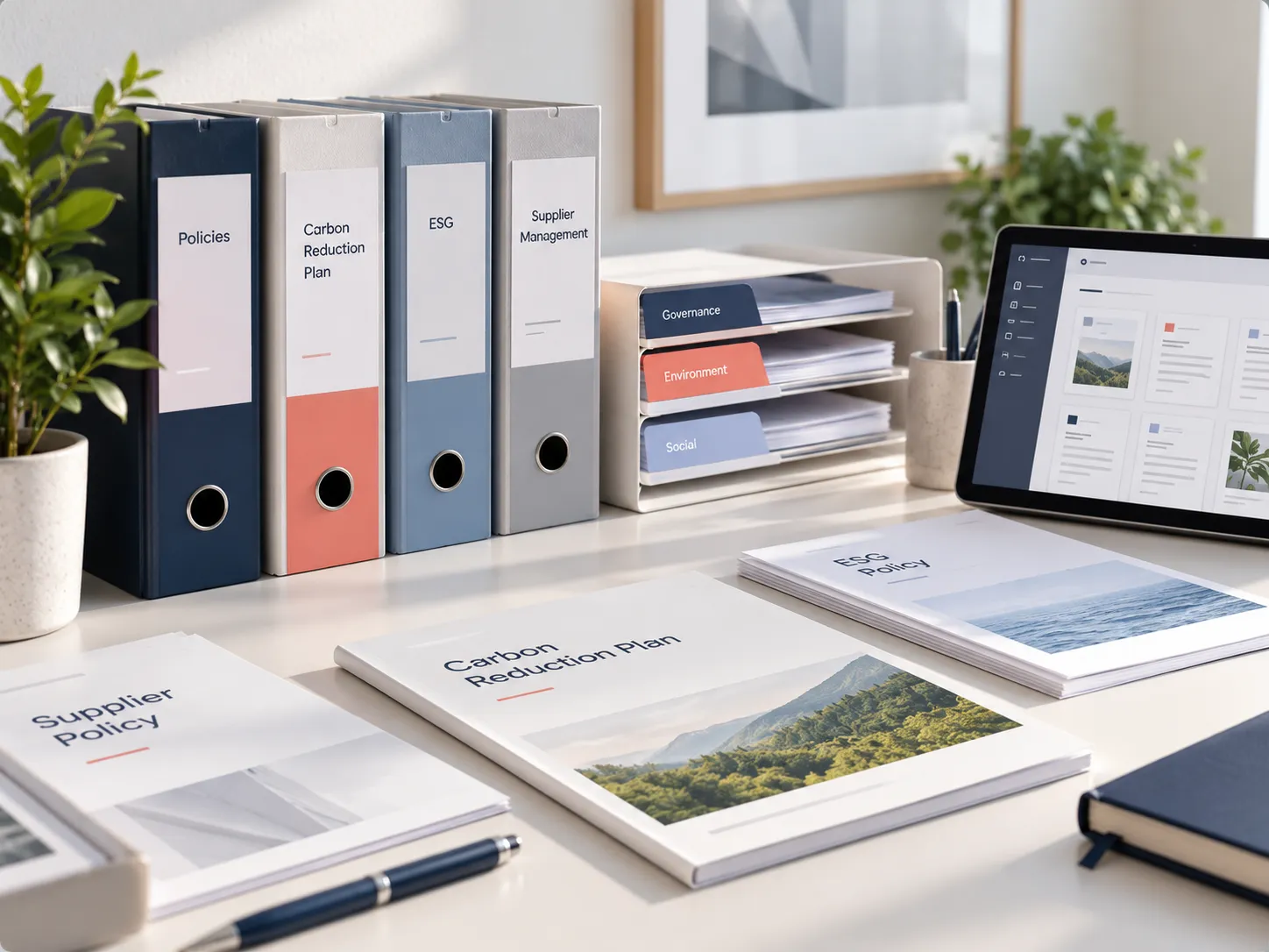 Policy, carbon reduction plan and ESG documents arranged on a desk