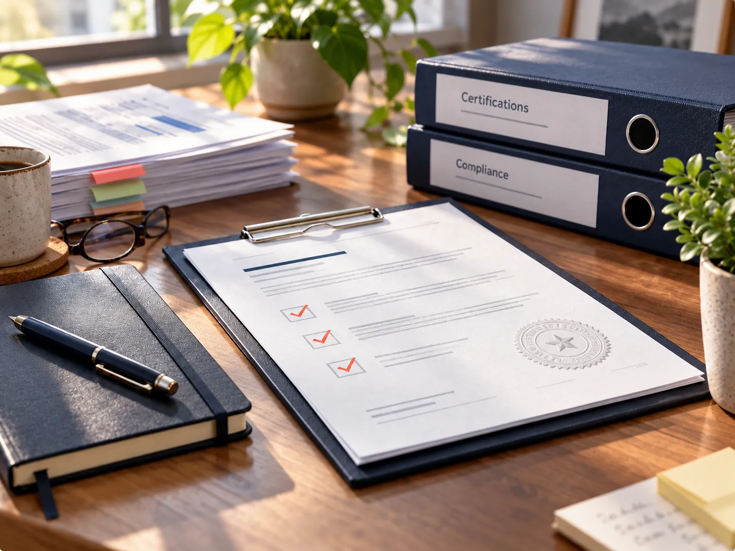 Certifications and compliance folders with a signed checklist on a clipboard