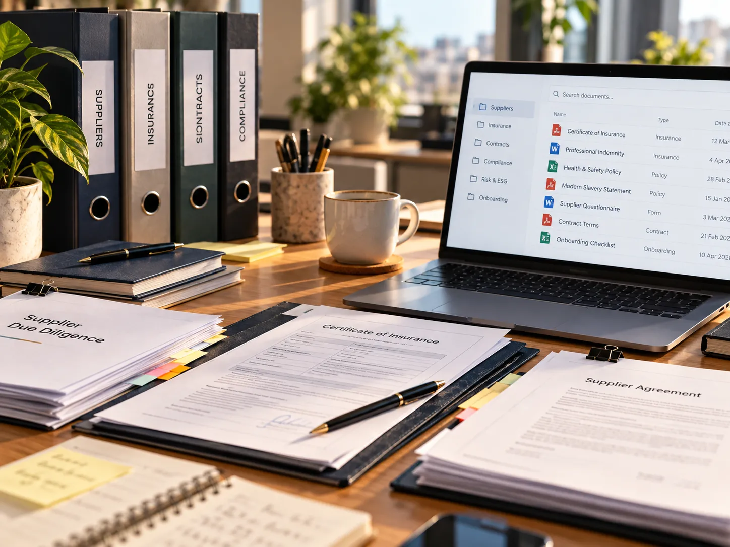Supplier, insurance and compliance documents on a desk next to a laptop