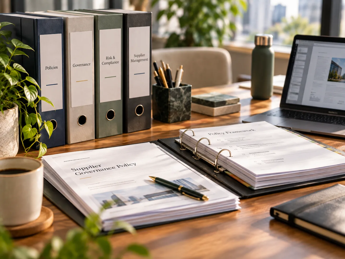 Policy and governance folders and documents on an office desk