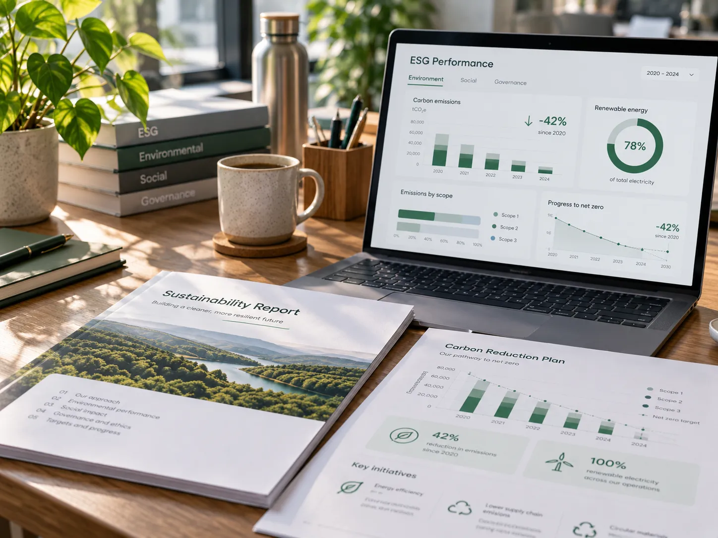 ESG performance dashboard on a laptop beside a sustainability report and carbon reduction plan