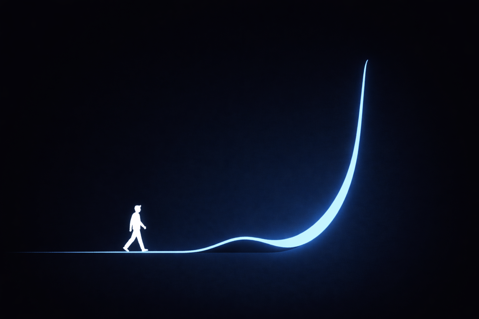 Silhouette d'une personne marchant vers une courbe ascendante lumineuse sur un fond sombre symbolisant la croissance ou le progrès.