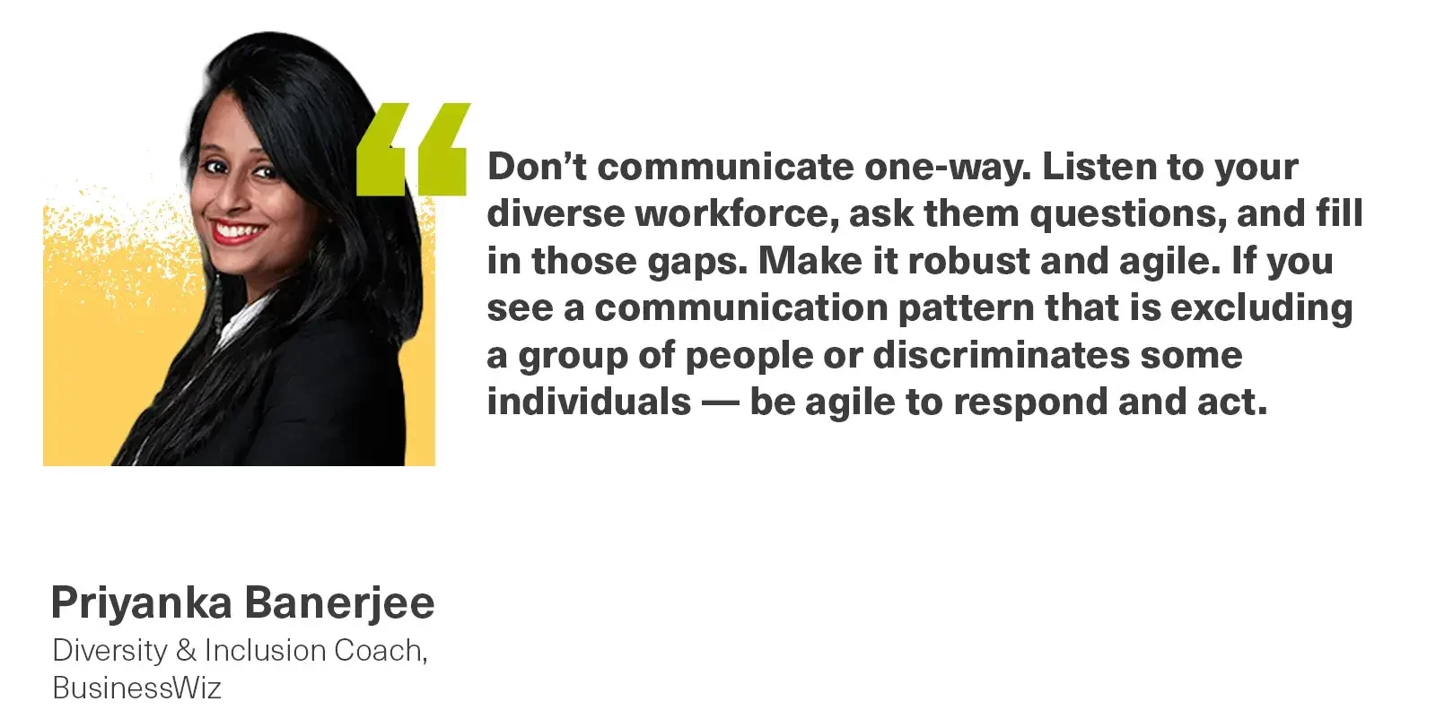 a quote from Priyanka Banerjee on improving workplace culture