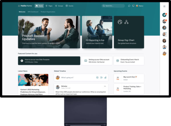 Haiilo platform screenshot showing virtual communication tools like intranet, employee communications.
