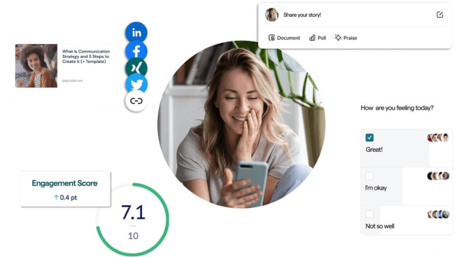 woman looking at employee intranet on the phone and smiling