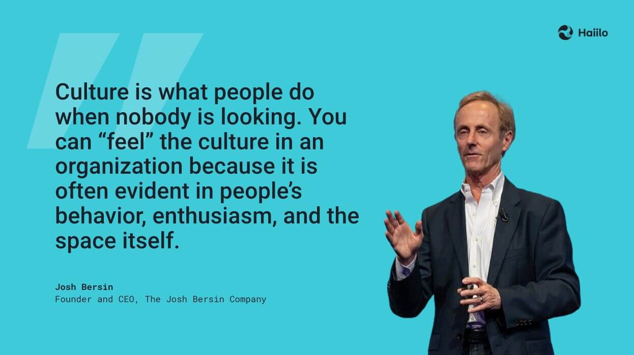 Presentation slide with Josh Bersin explaining that culture is reflected in everyday behaviour, highlighting company culture improvement ideas