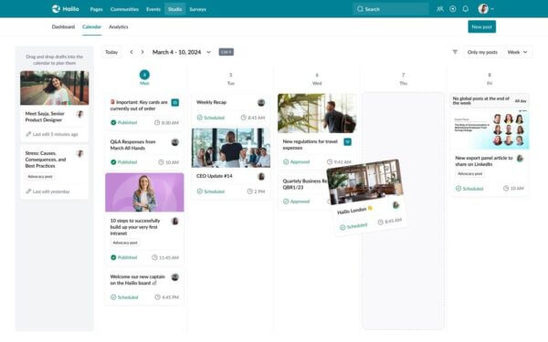 Haiilo platform screenshot showing how to create a company intranet using studio calendar
