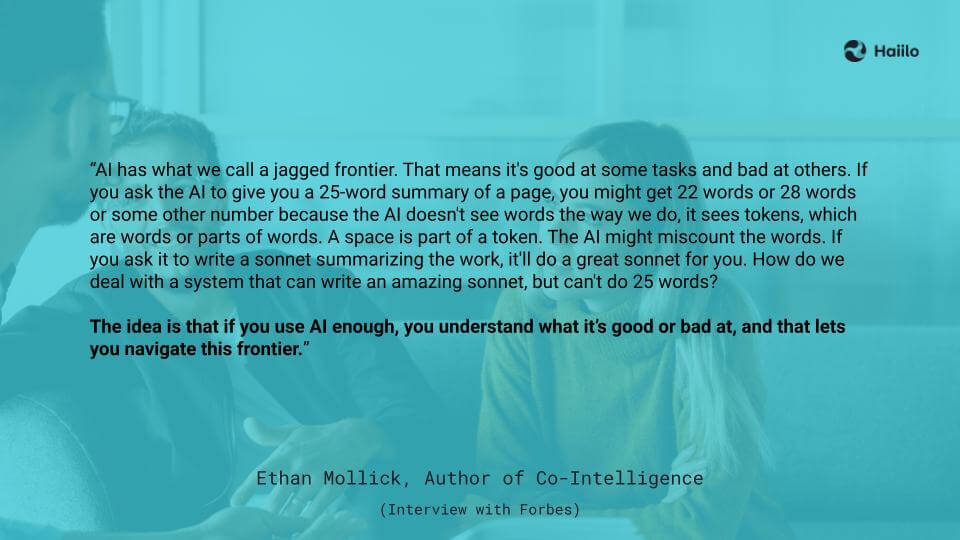 Quote card attributed to Ethan Mollick about working with GenAI, illustrating expert thinking on responsible AI communication technology.
