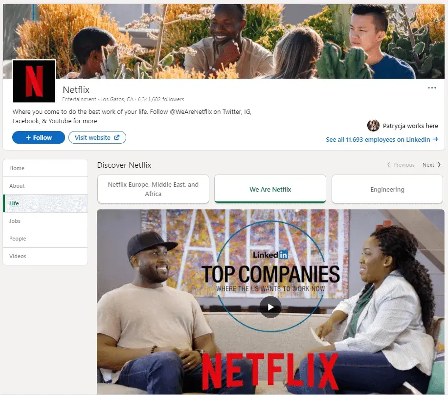 screenshot of Netflix LinkedIn Life page with employee-generated content supporting social recruitment and employer branding