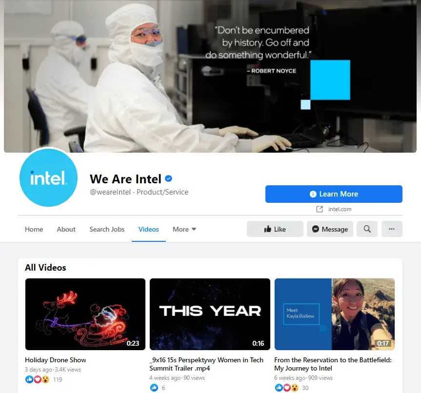 screenshot of Intel Facebook page showing employee content used for social recruitment and employer branding