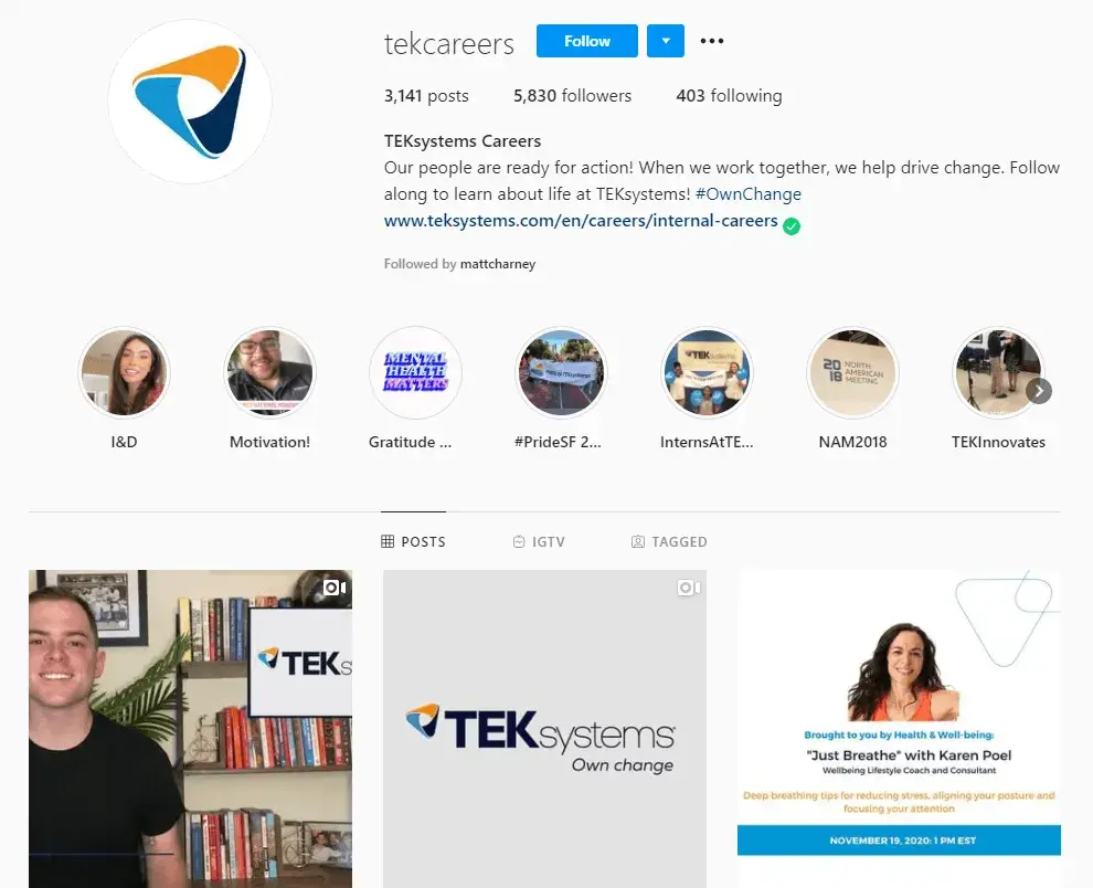 screenshot of Tek Systems Instagram page showcasing employee stories as part of social recruitment strategy