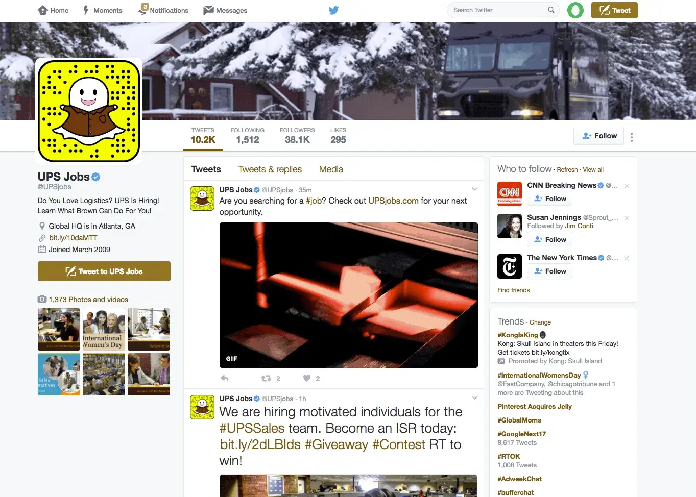 screenshot of UPS Twitter account featuring employee-focused content used in social recruitment efforts
