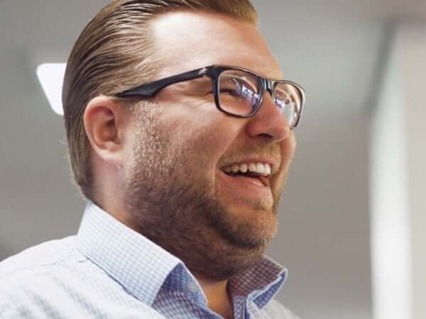 a happy employee laughing