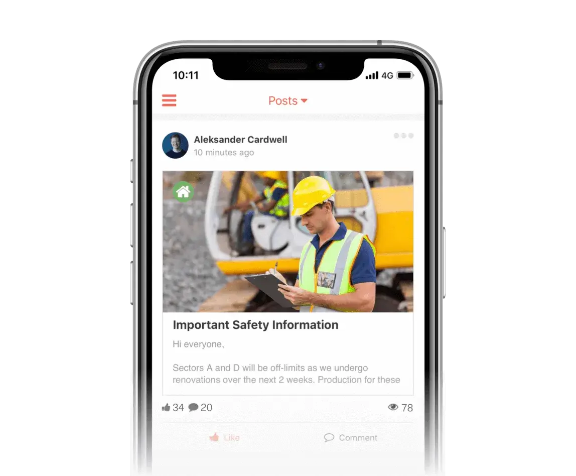 Mobile communication app displaying safety information for deskless workers