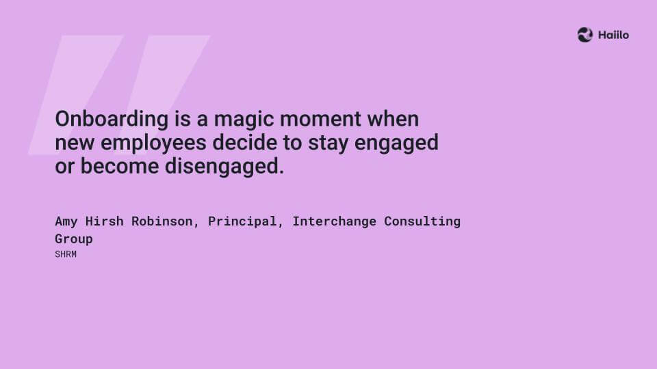 A quote on a purple background about onboarding feeling like a magical moment, demonstrating how internal video communication can support employee onboarding