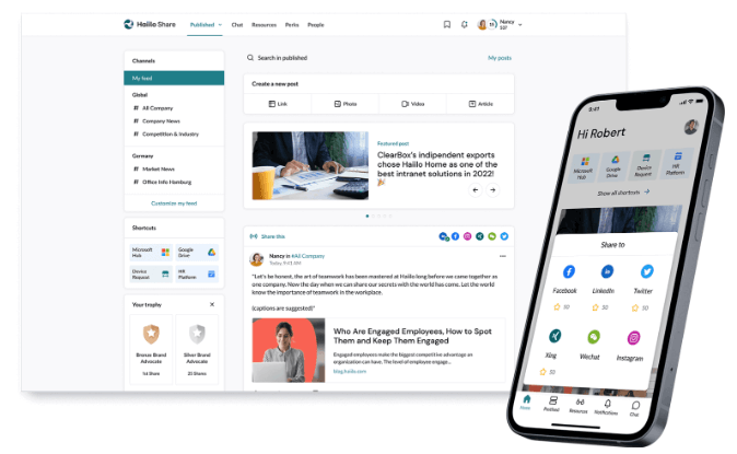 New intranet content on a desktop and mobile
