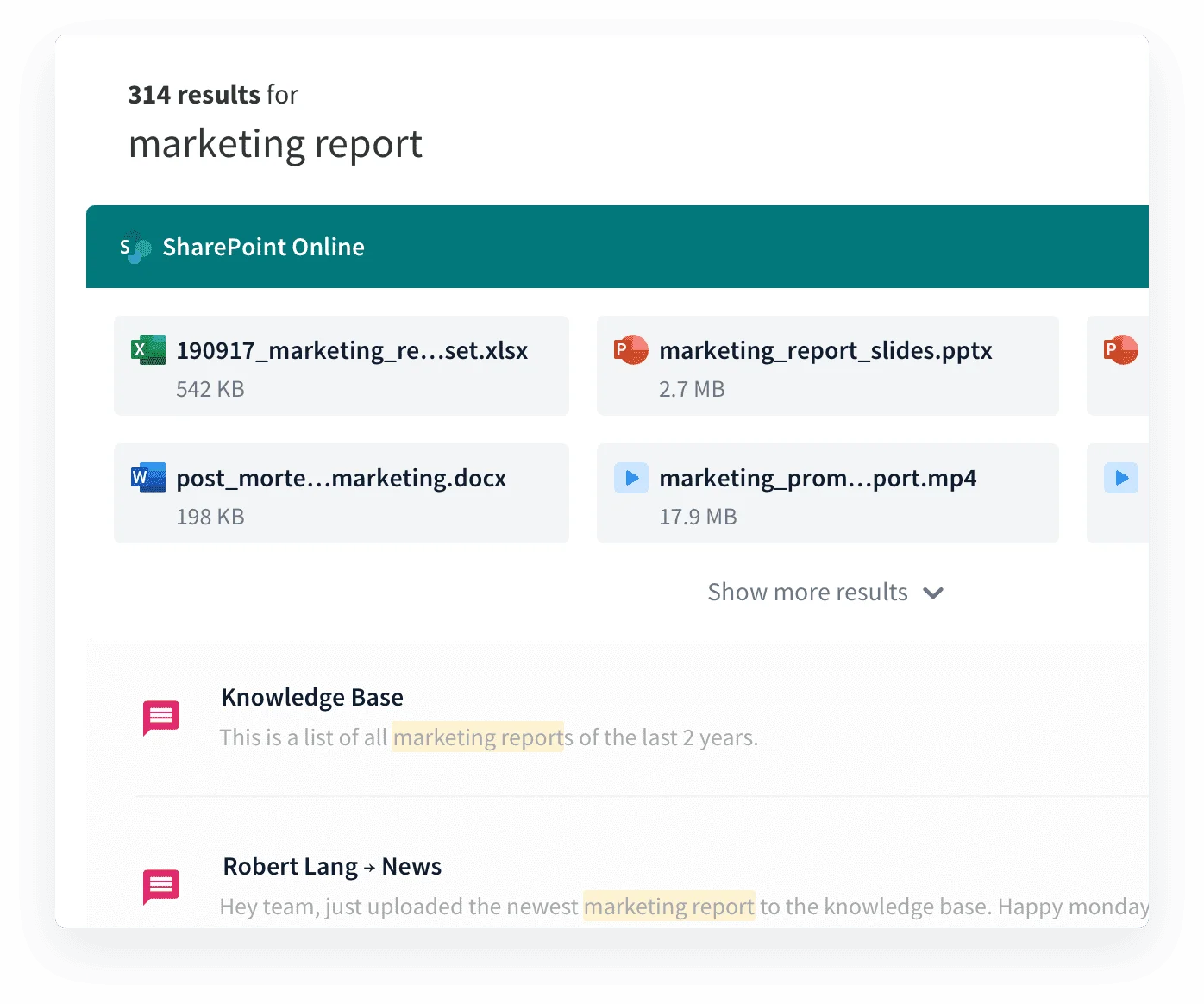 microsoft office 365 search results screenshot
