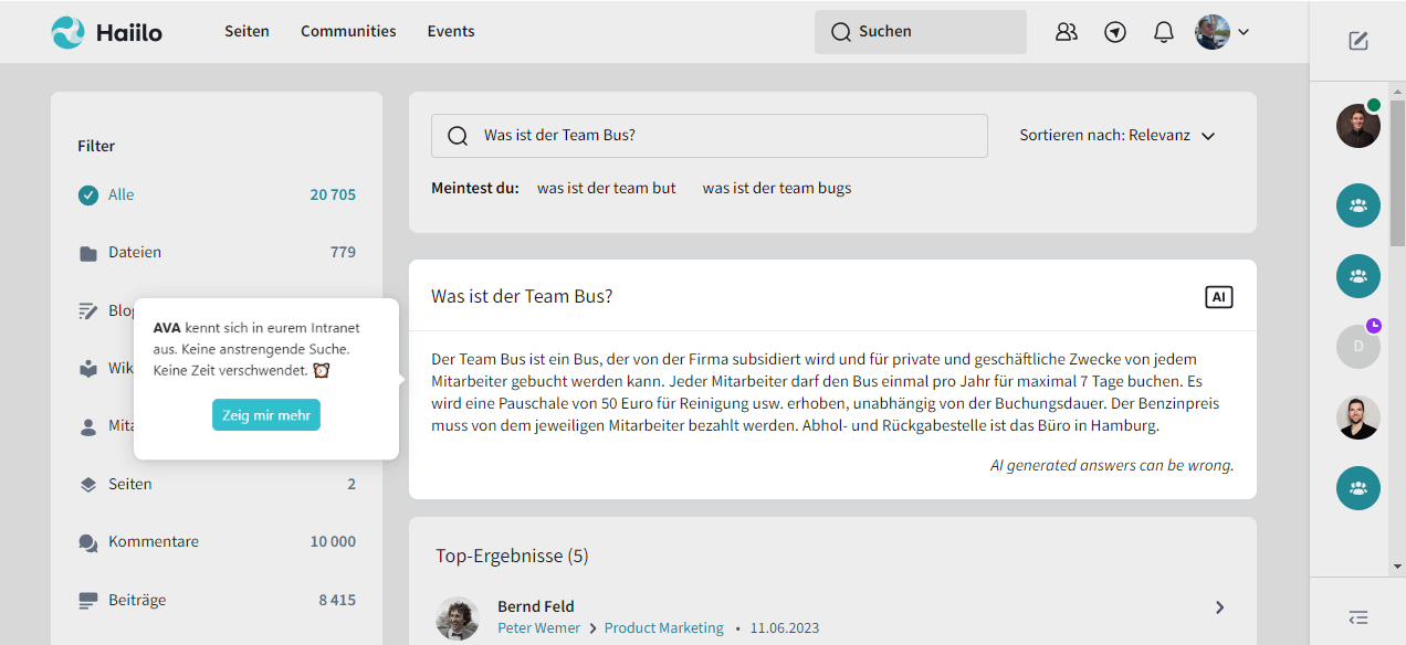 Globale Suche mit der Haiilo KI AVA
