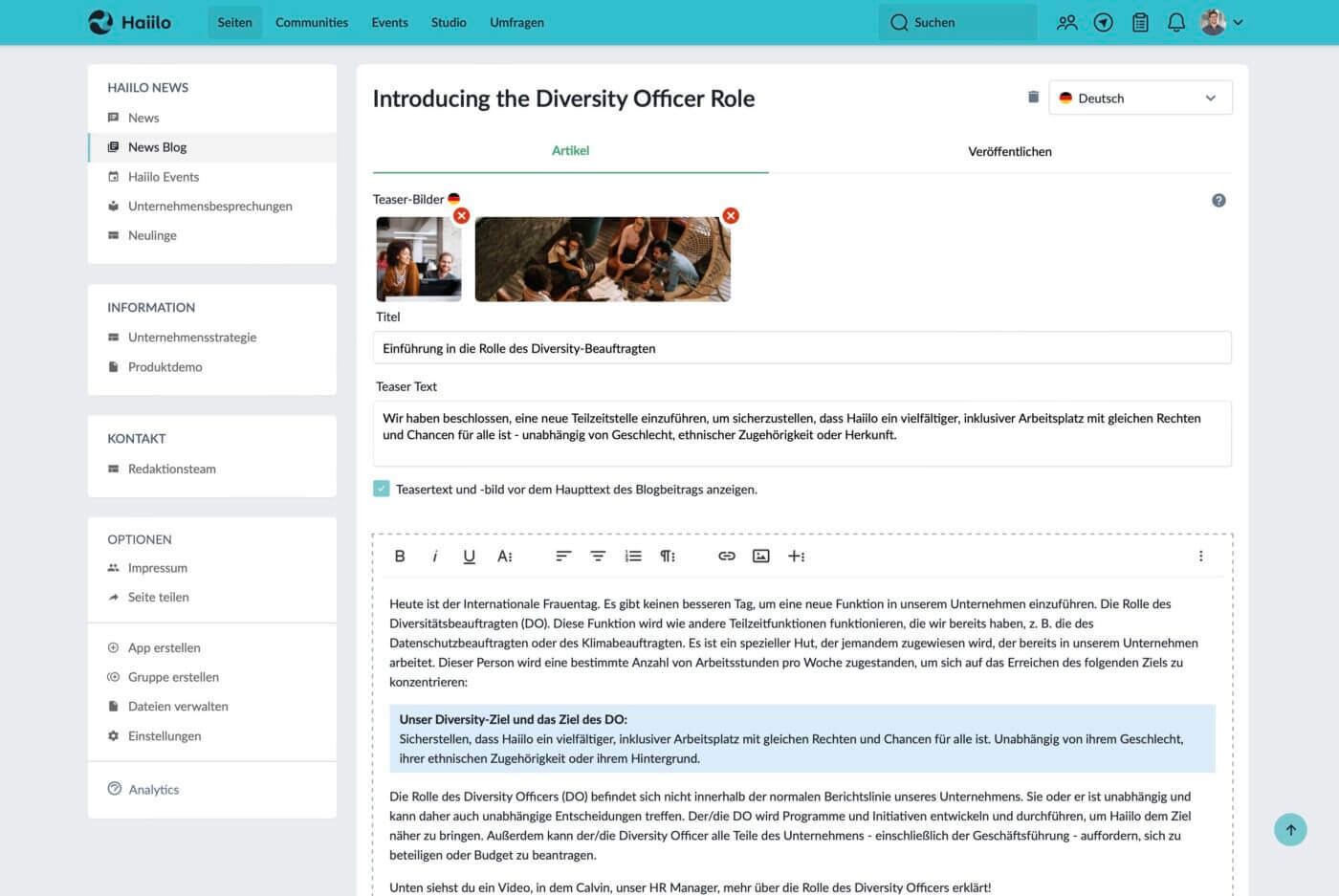 Blogbeitrag erstellen mit Haiilo am beispiel intranet