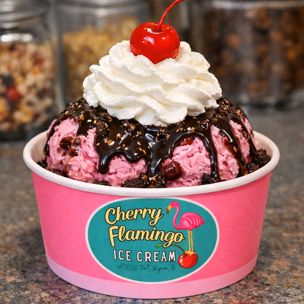 Cherry Flamingo ice cream with a cherry on top.