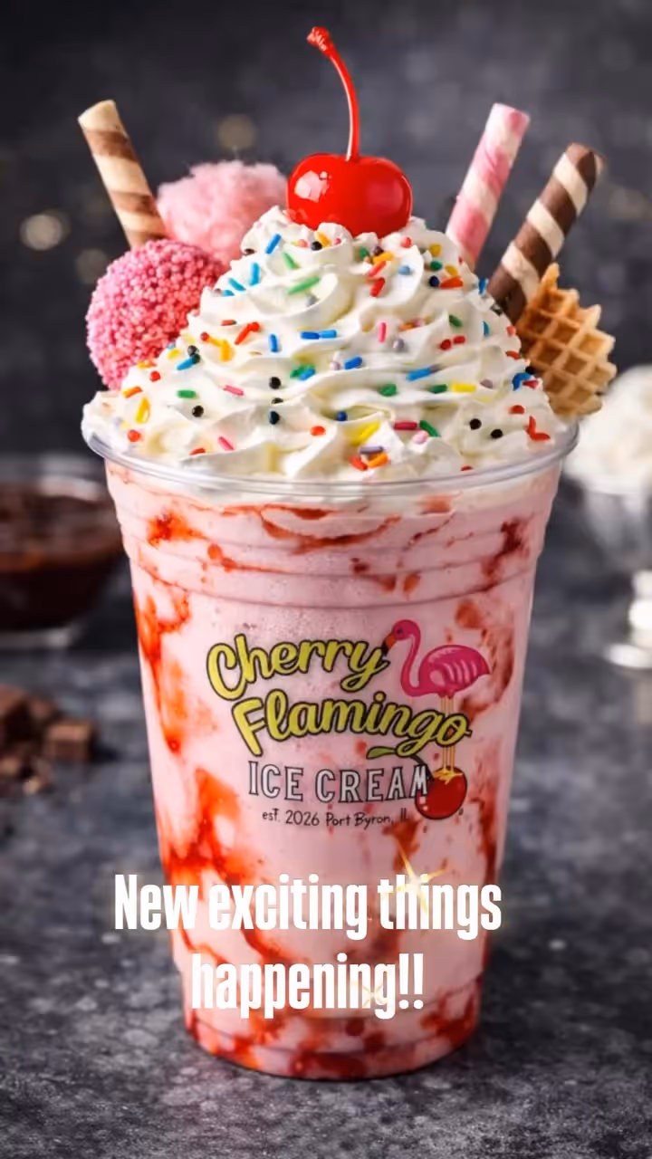 Cherry flamingo ice cream with pink and white swirls.