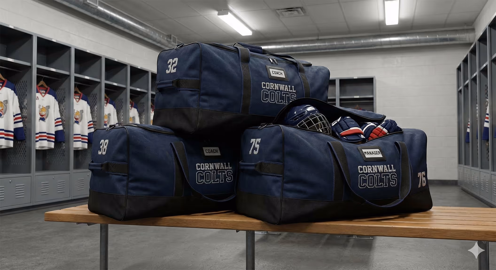 Three hockey bags with hockey gear sitting on locker room bench