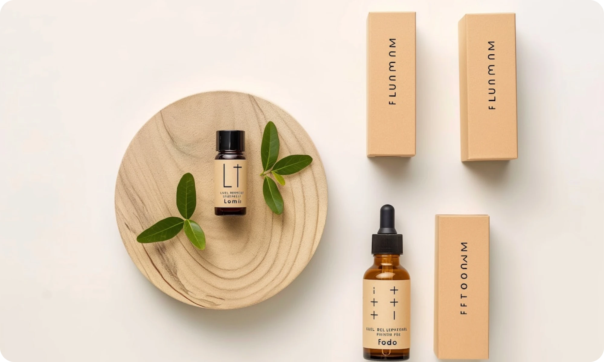 A bottle of essential oil next to a box of essential oils.