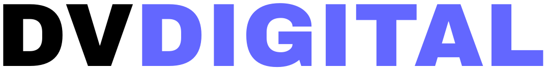 Logo DVDigital, je to jenom napsané logo velkými písmeny dvě písmena DV jsou černé a Digital je modrý