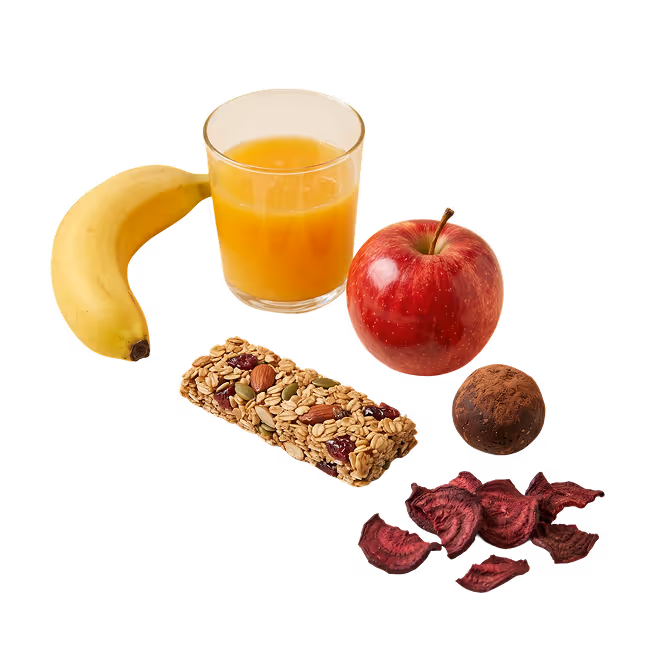Banan, szklanka soku pomarańczowego, czerwone jabłko, baton granola, trufla czekoladowa i chipsy z suszonych buraków na czarnym.