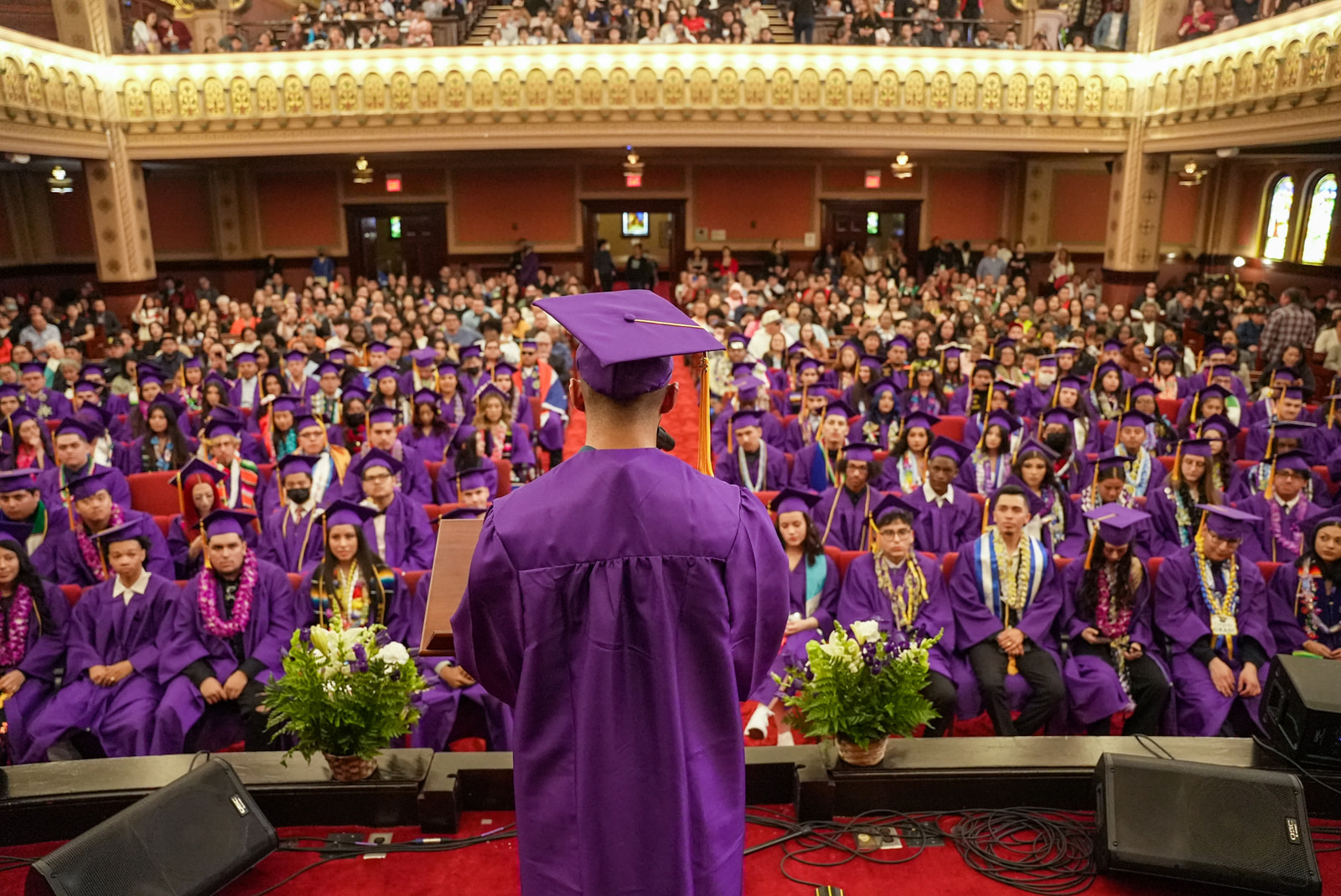 Group of graduates in black caps and gowns throwing their caps into the air in celebration.