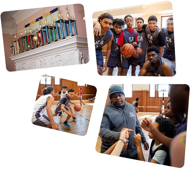 Collage of four photos showing diverse youth playing basketball, exercising, and a coach giving a group fist bump in a gymnasium.