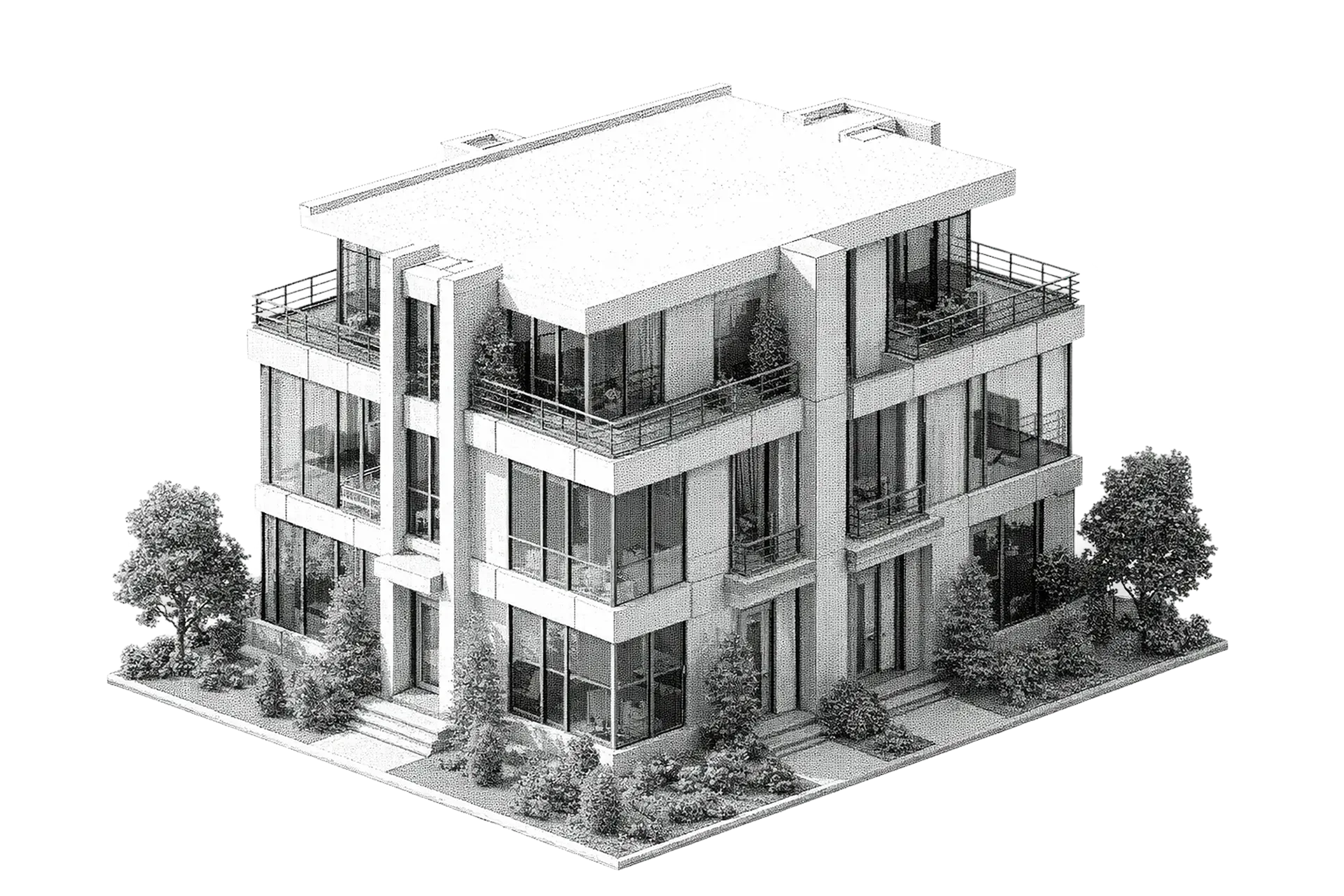 Modern three-story building with large glass windows, balconies, and surrounding landscaping with trees and bushes.