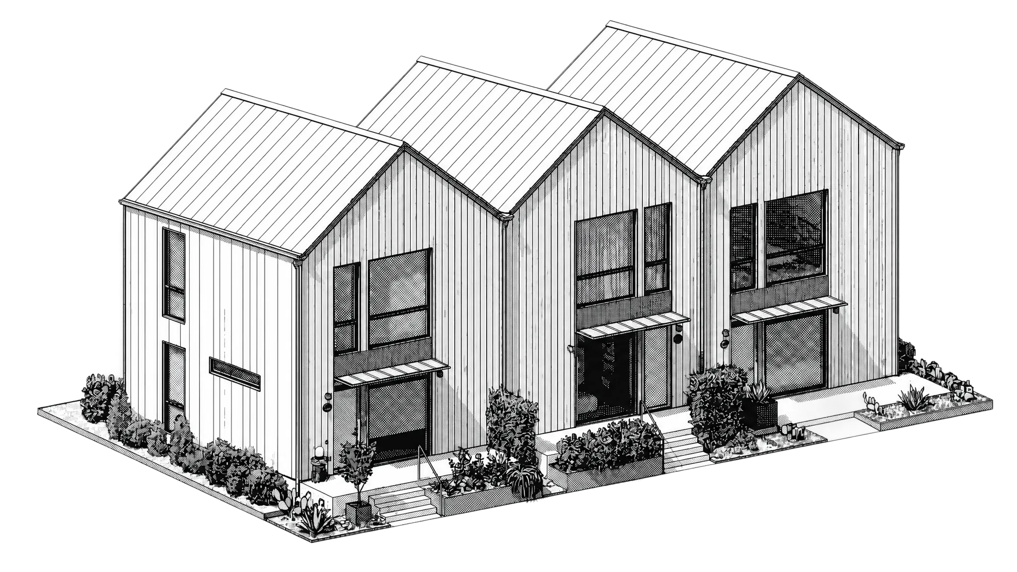 Modern row of six connected two-story townhouses with large windows and wooden accents against a dark background.
